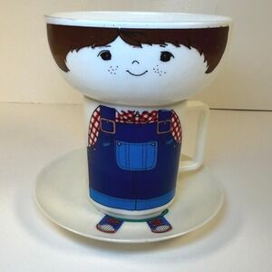 Vintage 1970s Plastic Stacking Boy Breakfast Set Bowl Mug Plate Carol Wright